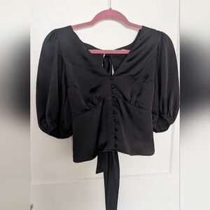 Abercrombie & Fitch Black Puff Sleeve Blouse with Tie Front